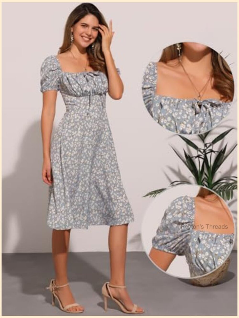 Square Neck Puff Sleeve Smocked Midi Dress Floral Peasant - Picture 4 of 5
